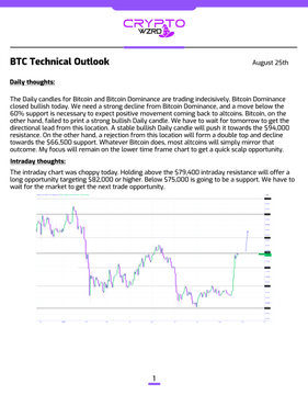 Document titled 'BTC Technical Outlook' dated August 25th from 'CRYPTO WAVES', containing analysis of Bitcoin's daily and intraday price action with an accompanying chart.