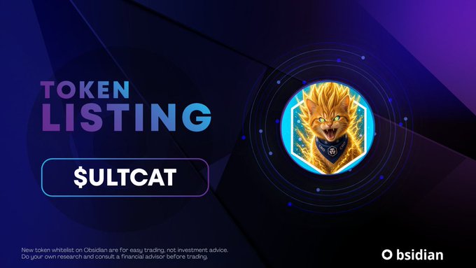 A dark blue promotional graphic for a token listing on Obsidian featuring the $ULTCAT token with an illustration of a golden-furred humanoid cat character.
