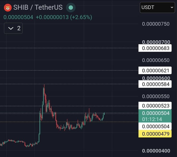 A SHIB/TetherUS (USDT) candlestick chart shows the token's price at 0.00000504, up +2.65% with a visible recovery structure following a prior sell-off, supporting the post's claim that "ShibArmy" momentum is returning and price action is improving.