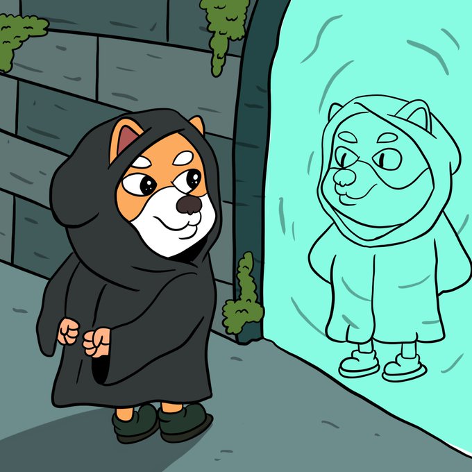 Cartoon illustration of a Shiba Inu dog wearing a black hooded cloak looking into a mirror that reflects a different version of itself wearing a hoodie.
