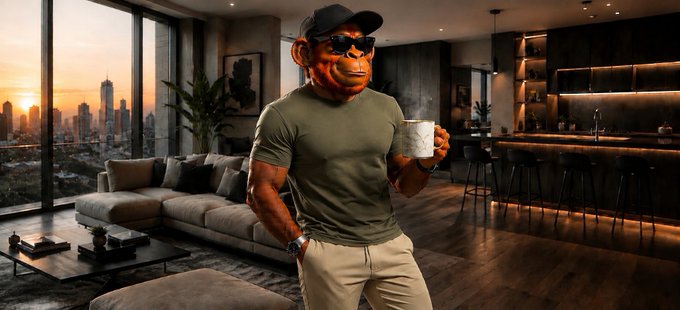 An AI-generated image of a chimpanzee wearing a black cap, sunglasses, and an olive green t-shirt, holding a steaming coffee mug in a modern luxury apartment with a city skyline view at sunset.
