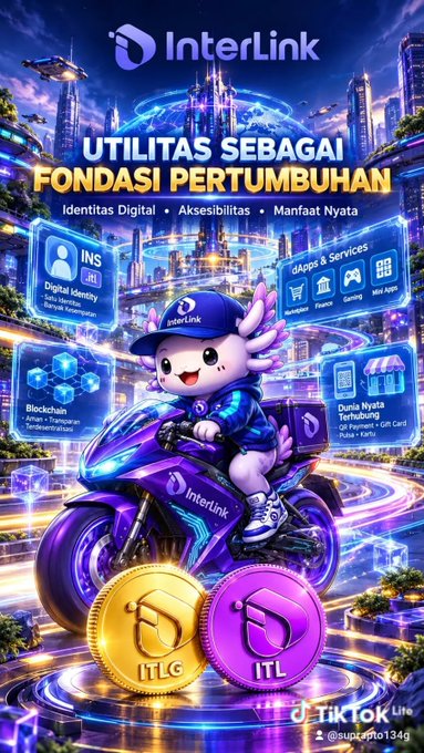 A promotional poster for 'InterLink' features a cartoon axolotl mascot on a futuristic purple motorcycle, advertising digital identity, blockchain, and its native ITL/ITLG tokens.