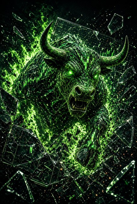A fierce digital artwork depicts a glowing green horned beast bursting through shattered glass with intense fiery energy.