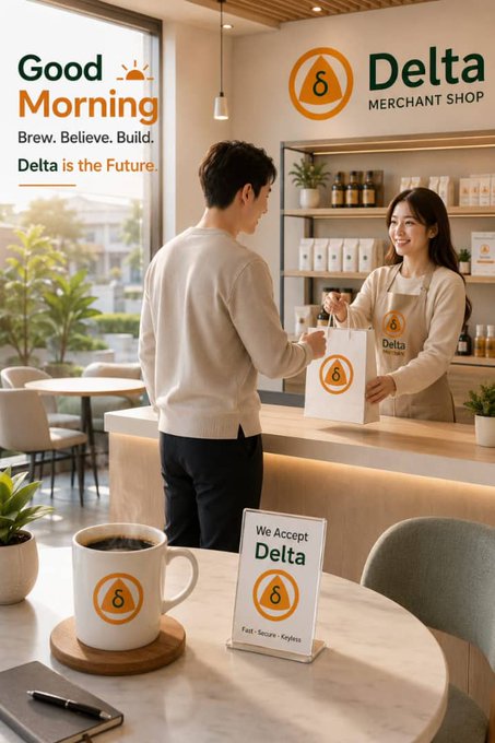 A customer receives a branded "Delta Merchant Shop" bag from a smiling cashier, with a "We Accept Delta" sign and coffee mug on the table, illustrating the post's vision of easily locating stores that accept $DTC for seamless QR-code payments.