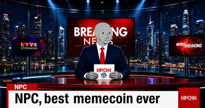 A faceless news anchor in a suit presents on a studio set with "BREAKING NEWS" graphics, holding an "NPCN" tablet, while a chyron reads "NPC, best memecoin ever," visually reinforcing the claim that NPC is the best memecoin.