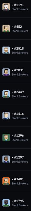 The image displays a list of 10 StonkBrokers NFTs with their corresponding token IDs, including #1191, #452, #2518, #2831, #2449, #1416, #1296, #1297, #3481, and #1795, each featuring a unique pixel-art character avatar. This relates to the post by showcasing 10 specific brokers available on the stonkbrokers.cash marketplace that come with a free MancerXYZ NFT in their wallets.
