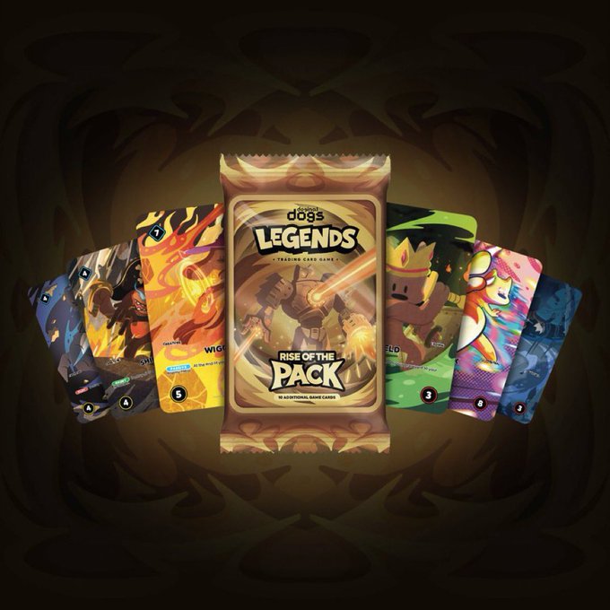 A booster pack of the "Dogs Legends" trading card game, titled "Rise of the Pack," is centered in the image with several colorful game cards fanned out behind it. The vibrant artwork and promotional display align with the post's theme of collectible value shifting from static ownership to active in-game utility, where a card's worth depends on who needs it during play.