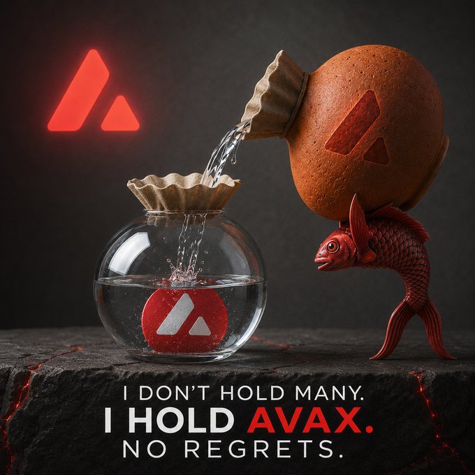 A red ceramic vessel branded with the Avalanche (AVAX) logo pours water into a glass bowl also displaying the AVAX emblem, set on a dark stone surface with a red fish sculpture. The tagline reads "I DON'T HOLD MANY. I HOLD AVAX. NO REGRETS," visually reinforcing the post's message of unwavering conviction in holding $AVAX over fleeting trends.