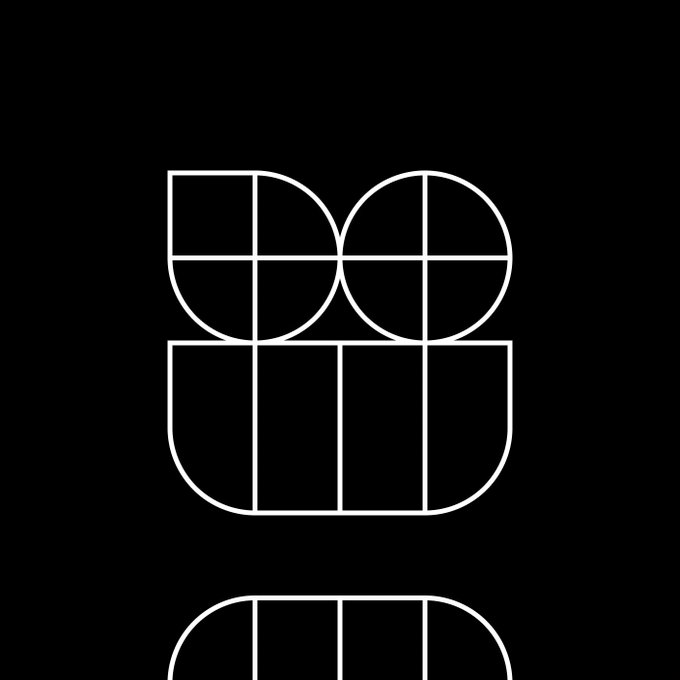 A minimalist white line-art design featuring geometric shapes—circles and rounded rectangles divided by vertical and horizontal lines—arranged on a black background, presented as a remixable symbol. The composition serves as a template for community submissions, with participants invited to reinterpret the abstract design in their own style and share it alongside their Ethereum address to join a waiting list.