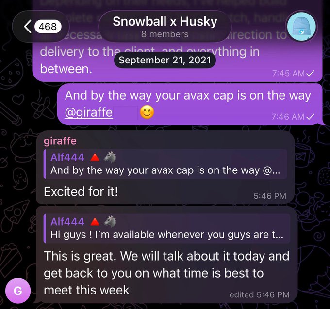 A Telegram group chat titled 'Snowball x Husky' showing messages from 'giraffe' about an 'avax cap' being sent, with user 'Alf444' responding excitedly.