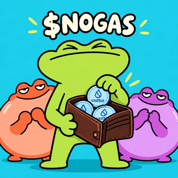 Cartoon illustration of a green frog holding a wallet filled with 'usdSUI' tokens, flanked by an orange and a purple frog, with the text '$NOGAS' at the top.