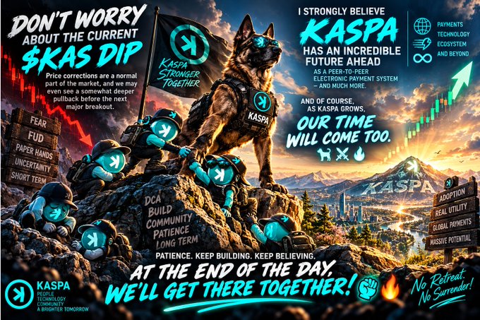 A Kaspa (KAS) cryptocurrency promotional graphic featuring a German Shepherd and teddy bears with Kaspa logos, urging holders not to worry about the $KAS dip, encouraging DCA, community building, and patience with the slogan 'At the end of the day, we'll get there together!'