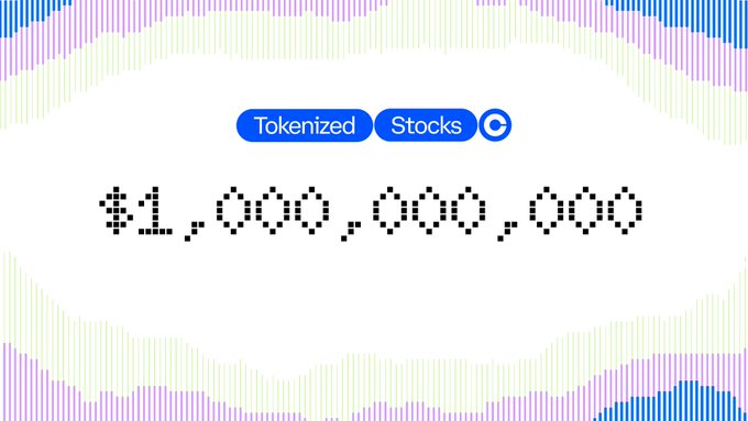 A digital display showing 'Tokenized Stocks' in blue buttons above the pixelated value '$1,000,000,000', framed by a colorful bar chart border in pink, green, and blue.