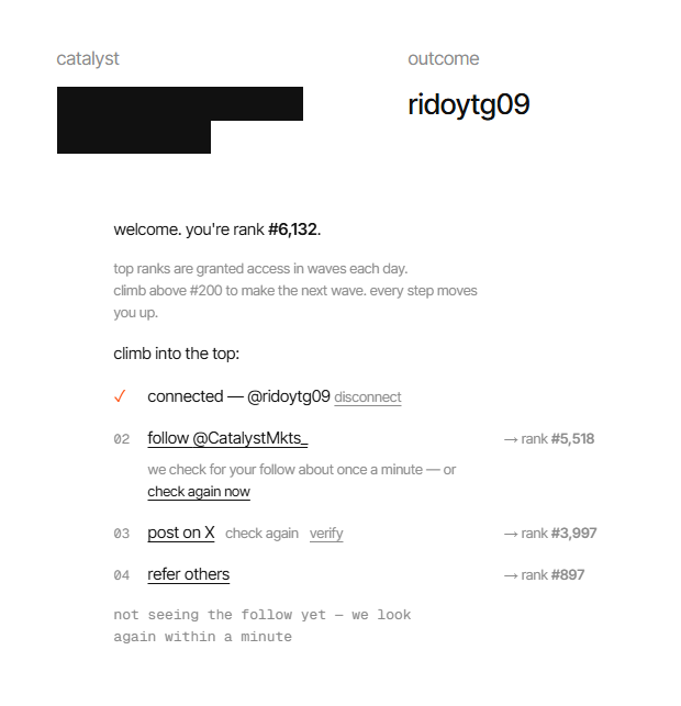 A web page for 'catalyst' showing an outcome of 'ridoytg09' with a welcome message indicating the user is rank #6,132. The page lists tasks like connecting to @ridoytg09, following @CatalystMkts_ to reach rank #5,518, and referring others to reach rank #897.