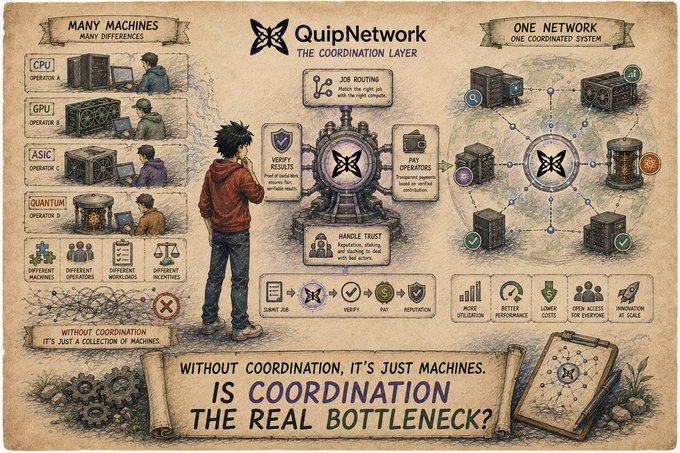An illustrated infographic titled 'QuipNetwork THE COORDINATION LAYER' contrasting 'many machines' without coordination versus 'one network' with coordination, posing the question 'IS COORDINATION THE REAL BOTTLENECK?'.