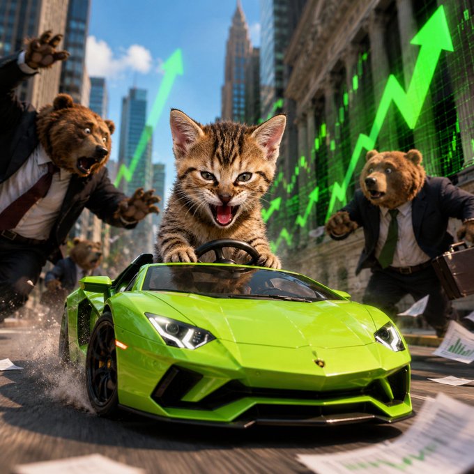 An AI-generated image of a kitten driving a green Lamborghini with two men in bear masks chasing it on a city street, with a green upward trending stock chart in the background.