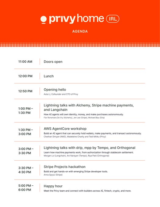 An event agenda for 'privy home IRL' featuring a bright orange header, with a schedule including opening at 11:00 AM, lunch at 12:00 PM, sessions on AI agents with companies like Alchemy, Stripe, AWS, dRpc, and Tempo, and a happy hour from 5:00 PM to 6:00 PM.