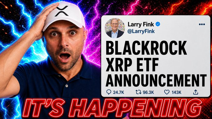 The image appears to be a YouTube thumbnail featuring a shocked man wearing an XRP-branded cap alongside a fake tweet from "Larry Fink @LarryFink" announcing a "BLACKROCK XRP ETF ANNOUNCEMENT" with engagement metrics (24.7K comments, 96.3K retweets, 143K likes) and the dramatic red text "IT'S HAPPENING" at the bottom.

While the accompanying post discusses Aberdeen's tokenized money market fund launching on XRPL as evidence of institutional adoption, the thumbnail uses sensationalized clickbait tactics—featuring a fabricated Larry Fink tweet and exaggerated text—to amplify the narrative about XRP's institutional momentum, using the BlackRock ETF angle as emotional bait to drive clicks to the video.