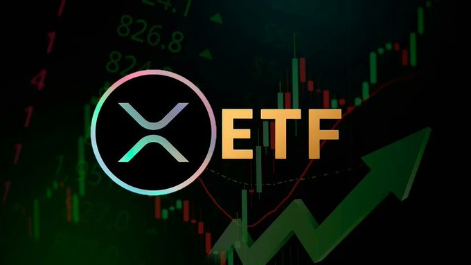 The image features the XRP logo alongside the text "ETF" against a backdrop of green candlestick charts and an upward-trending arrow, visually reinforcing the post's message about XRP ETFs outperforming BTC, ETH, and SOL with $1.55M in inflows on Sept. 8. The bullish chart imagery symbolizes the strong institutional demand and positive momentum highlighted in the caption.