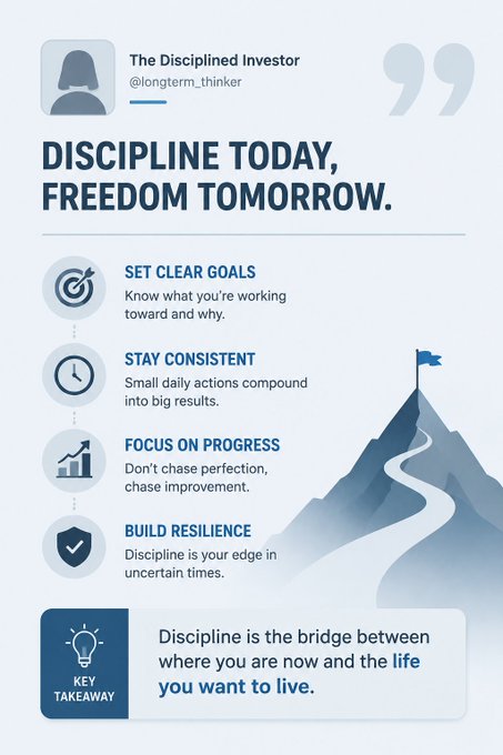 An infographic titled "DISCIPLINE TODAY, FREEDOM TOMORROW" by "The Disciplined Investor" (@longterm_thinker) outlines four principles—Set Clear Goals, Stay Consistent, Focus on Progress, and Build Resilience—using icons alongside an illustration of a mountain path leading to a summit with a flag, and a key takeaway stating "Discipline is the bridge between where you are now and the life you want to live."

The image's emphasis on discipline and long-term investing principles loosely complements the post about Coinbase (COIN) surging 6.8% and Bitcoin hitting a new high, framing such market gains as potential rewards for disciplined investors.