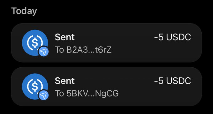 The image shows a transaction history displaying two "Sent" payments of -5 USDC each, one to address "B2A3...t6rZ" and another to "5BKV...NgCG," both on the Tron network. This serves as proof of the crypto giveaways the user is sharing, with the transactions corresponding to the 5 USDC sent to recipients.