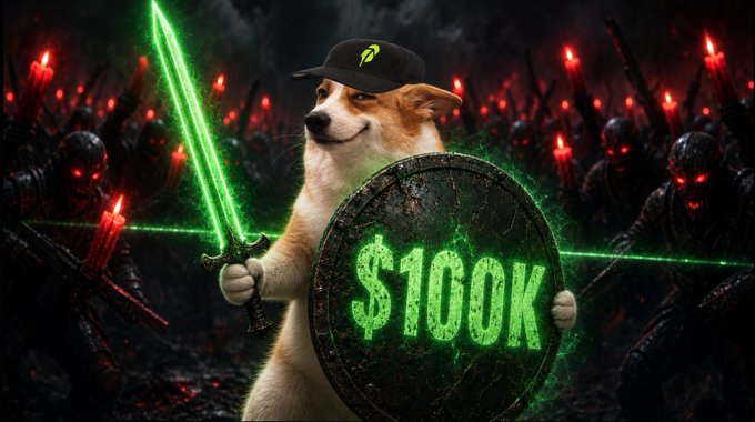 A Shiba Inu wearing a black cap with a green logo stands in front of a dark army of skeletons, holding a glowing green sword and a shield marked '$100K' in bright green text.
