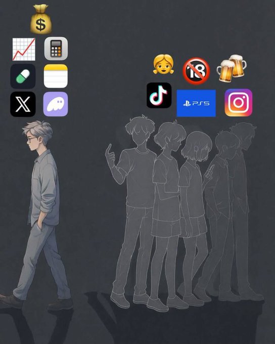 An illustration depicting an adult walking away from faded childhood/teenage versions of himself, with app icons like Discord, TikTok, PS5, Instagram, X, and a 'no alcohol under 18' sign.