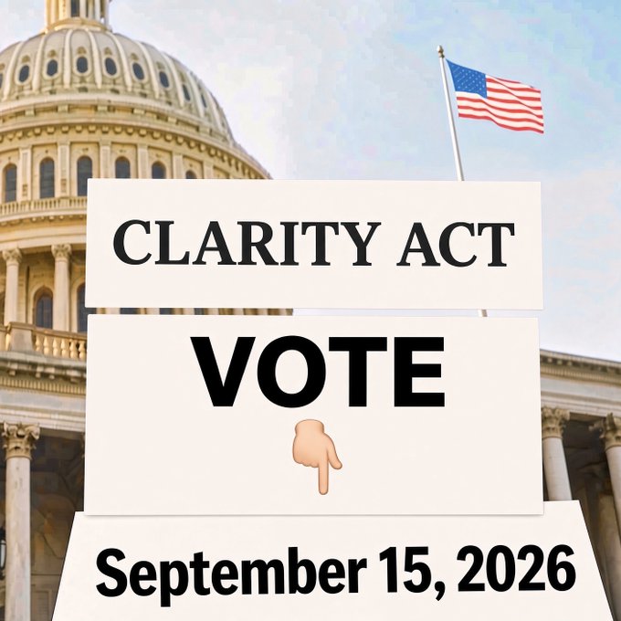 The graphic displays "CLARITY ACT VOTE 👇 September 15, 2026" overlaid on the U.S. Capitol dome and American flag, visually reinforcing the post's announcement that Majority Leader John Thune has filed cloture on the Clarity Act. The image serves as a visual call-to-action tying the procedural legislative update to the upcoming September 15, 2026 vote date.