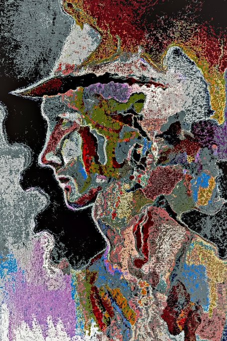 A highly textured, abstract mixed-media portrait featuring bold colors and distorted facial features in a pointillist or impasto style.
