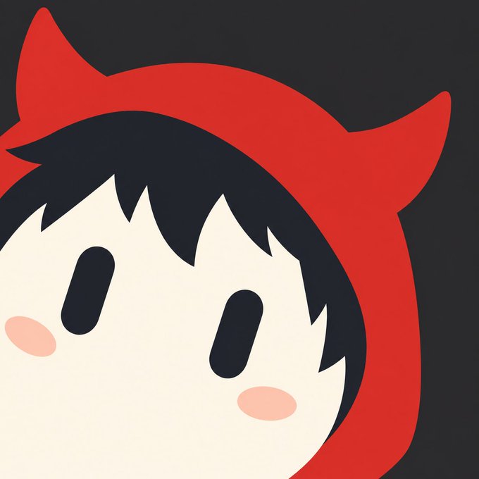 A cartoon avatar of a character with a white face, black hair, blushing pink cheeks, and a red devil-horned hood against a black background.