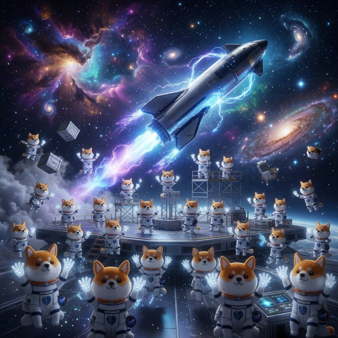 A swarm of Shiba Inu astronauts in white spacesuits cheer on a rocket launching through a vibrant cosmic galaxy scene, with crates floating nearby. The image playfully visualizes the "$ASTEROID" token as a meme-driven crypto community, matching the post's humorous suspicion of organic hype versus deep CT (Crypto Twitter) immersion.