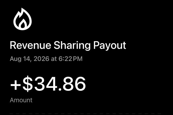 A dark-themed digital receipt or notification showing a 'Revenue Sharing Payout' for +$34.86 dated Aug 14, 2026 at 6:22PM, with a flame icon at the top.