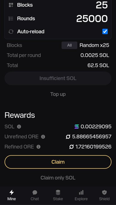 The image shows a smartphone screen displaying a claim form for mining rewards, specifically for mining ore. The claim form has a yellow button that says "claim only" at the bottom of the screen. The text on the screen indicates that the user needs to click the button and enter their information before claiming their reward. The post suggests that the user should focus on mining ore and not touch the yellow button, as it is meant for claiming rewards.