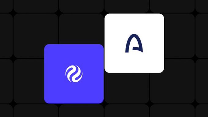 Two app icons are displayed on a dark grid background: a purple icon with a white swirling logo and a white icon with a dark blue letter 'A'.