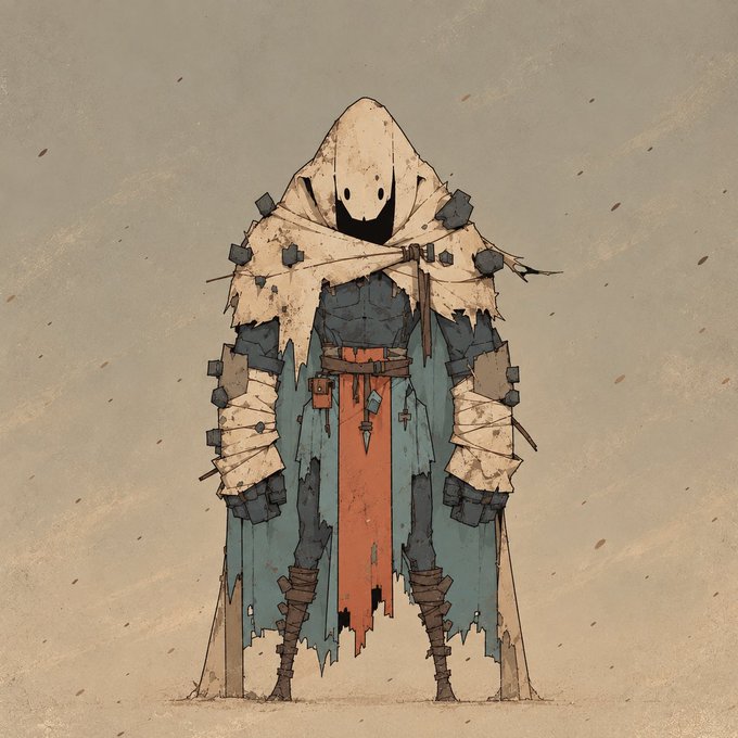 A hooded, stone-armored figure with a tattered cream cloak and red sash stands against a muted beige background, embodying the "Bone-Robed Royal" character Zavaelon from the @WastelandRH NFT collection featured as a profile picture.