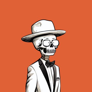 A stylized illustration of a skeleton wearing a white fedora hat, glasses, a suit, and a black bow tie against an orange background.
