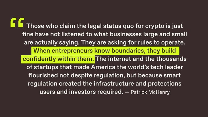 The image is a quote graphic featuring a statement attributed to Patrick McHenry about crypto regulation, with the highlighted section emphasizing: "When entrepreneurs know boundaries, they build confidently within them." The quote argues for clear regulatory frameworks for cryptocurrency, aligning with the post's call for the Clarity Act to provide regulatory certainty and consumer protections in the crypto space.