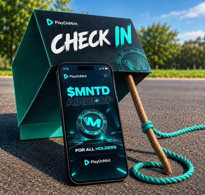 The image showcases a "PlayOnMint" branded "Check In" sign with a smartphone displaying a "$MNTD AIRDROP" promotion for "ALL HOLDERS," featuring the platform's logo and teal-accented design. The setup visually reinforces the post's message of PlayOnMint's rewarding loyalty loop, where users earn $MNTD tokens and unlock additional features like the MintABear companion through engaging gameplay.