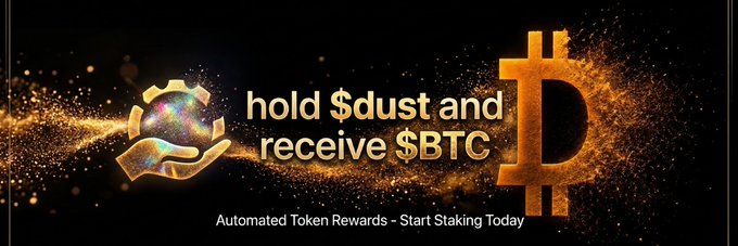 A promotional banner featuring a hand holding a glowing sphere alongside a large golden Bitcoin symbol, with text reading "hold $dust and receive $BTC" and "Automated Token Rewards - Start Staking Today" — advertising a Solana token that offers BTC rewards for holders, matching the Moby banner update for $DUST.
