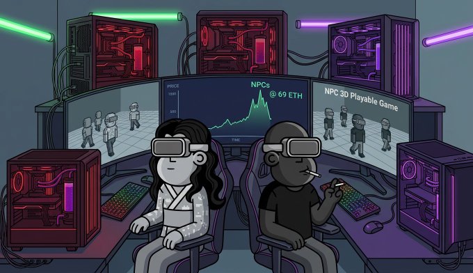 A cartoon illustration of two people wearing VR headsets playing an 'NPC 3D Playable Game' at a multi-monitor setup with RGB PC towers, showing a graph labeled 'NPCs' at '69 ETH' and 'PRICE'.