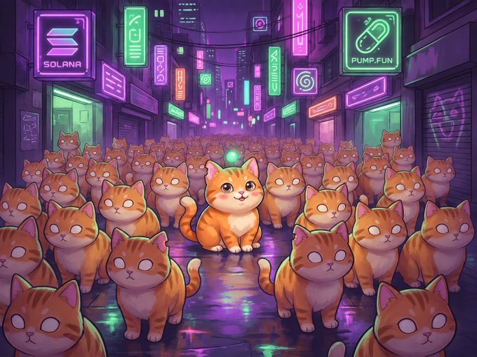 Anime-style illustration of a crowd of orange tabby cats on a wet neon-lit street, featuring signs for 'SOLANA' and 'PUMP.FUN' in a cyberpunk city setting.