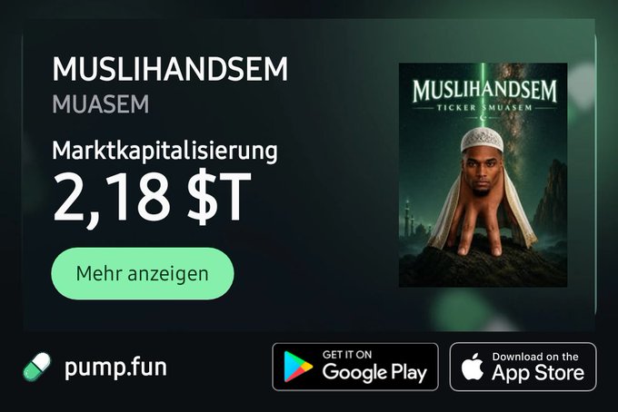 A promotional graphic for 'MUSLIHANDSEM MUASEM' token on pump.fun, showing a market cap of '2,18 $T' alongside an image of a person wearing a prayer cap.