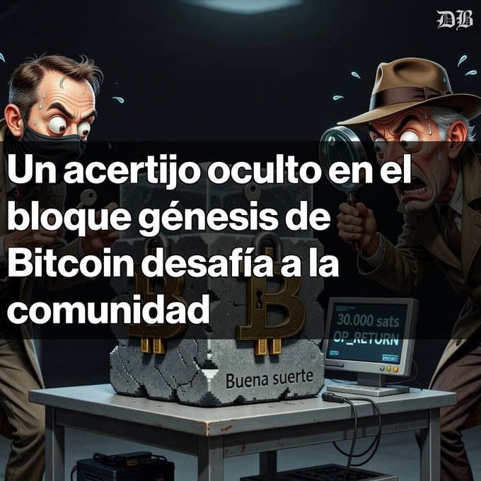 A cartoon-style illustration of two sweating, detective-like characters examining a Bitcoin-themed block puzzle includes Spanish text: 'Un acertijo oculto en el bloque génesis de Bitcoin desafía a la comunidad - Buena suerte' and a screen showing '30,000 sats OP_RETURN'.