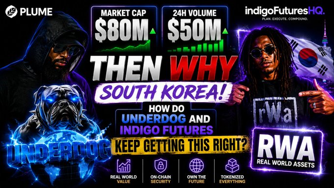 A promotional thumbnail featuring PLUME and indigoFuturesHQ with statistics showing $80M market cap and $50M 24H volume, asking 'THEN WHY SOUTH KOREA!' about UNDERDOG and INDIGO FUTURES projects related to RWA (Real World Assets).