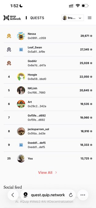 Quip Network QUESTS leaderboard ranking users by points, with Nessa leading at 29,671 points and the user ranked 25th at 13,725 points.