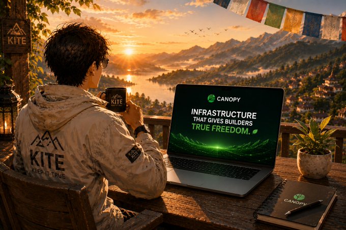 A person in a 'KITE' branded hoodie holds a mug while a laptop displays 'CANOPY - INFRASTRUCTURE THAT GIVES BUILDERS. TRUE FREEDOM.' against a sunset mountain landscape with prayer flags.