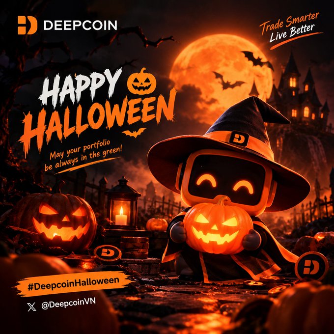 A Halloween-themed promotional image for "DEEPCOIN" featuring a cute robot mascot in a witch hat holding a jack-o'-lantern, set against an orange full moon and haunted castle background, with the tagline "Trade Smarter Live Better," "May your portfolio be always in the green!", and hashtag "#DeepcoinHalloween" alongside the handle "@DeepcoinVN."