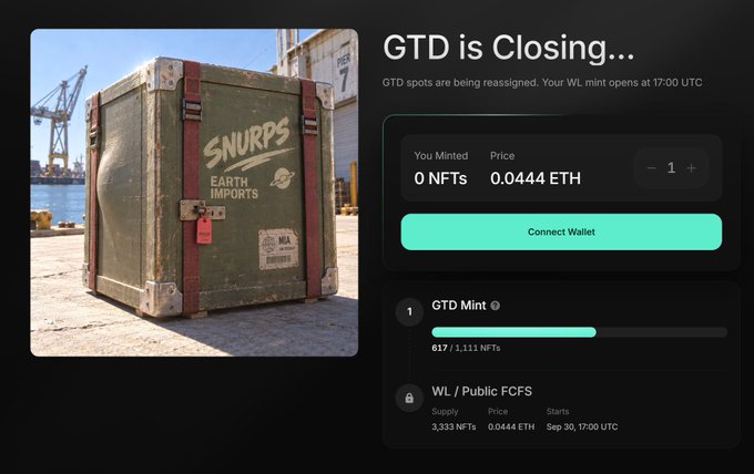 An NFT minting page titled "GTD is Closing..." featuring an image of a vintage "SNURPS EARTH IMPORTS" crate, with a mint price of 0.0444 ETH and progress showing 617 / 1,111 NFTs minted.