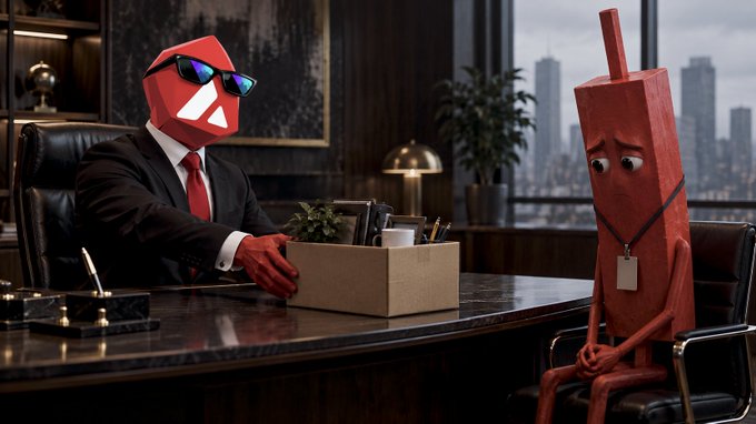 A 3D animated scene depicts a red polygonal character in a suit and sunglasses sitting across a desk from a tall, rectangular red character wearing a 'BULL' ID badge, with a city skyline visible through the window.