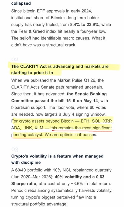 This statement appears to be incorrect or unrelated to the main content of the image, which shows a screenshot from an email with text and yellow highlighting. The text says "The Clarity Act is the most significant catalyst for XRP" but it doesn't make any direct connection to the image. It seems more like an unrelated piece of information in the email that could be mistaken for relevance or context when trying to understand the actual content shown.